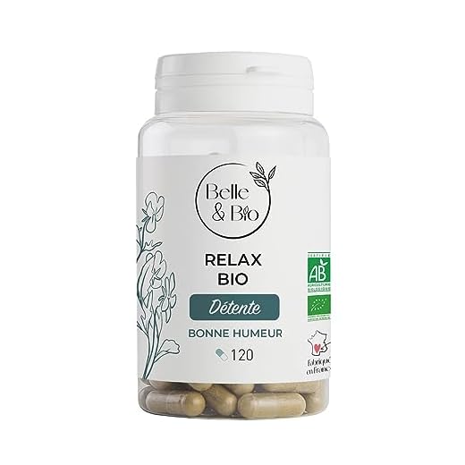 Belle&Bio - Relaxe Bio - 120 gélules - Anti stress - Certifié Bio par Ecocert - Aubépine, Passiflore, Lavande et Valeriane - Fabriqué en France
