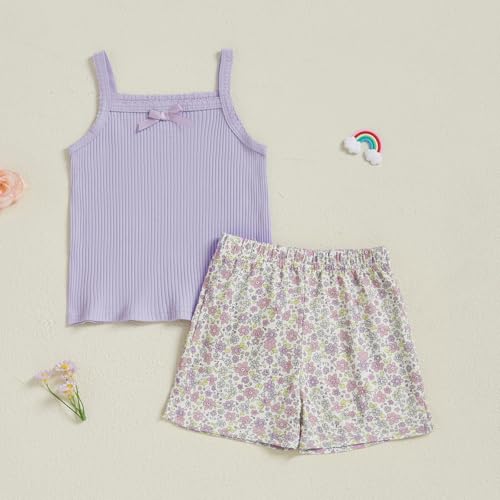 fhutpw Toddler Baby Girl Clothes Summer Spaghetti Strap Tops Floral Elastic Waist Shorts Infant Sleeveless Outfit 2 Piece Set2