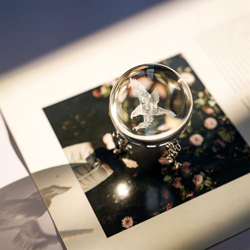 HDCRYSTALGIFTS Engraved Eagle Crystal Ball Paperweight with Stand 60mm 3D Laser Etched Bald Eagle Glass Spheres Decorative Balls(Clear)