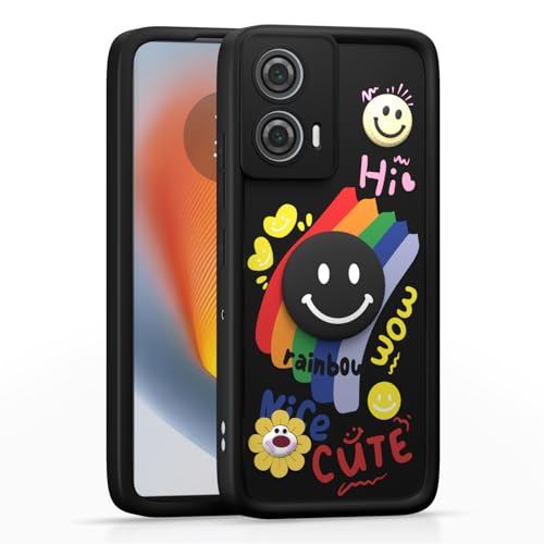 Image of Pikkme Back Cover for Motorola Moto Edge 50 Fusion 5G / Moto G96 5G | Soft Silicone| Cute Rainbow Smile & 3D Cartoon Flower Design | Shockproof Raised Camera Protection Bumper Case (Black)