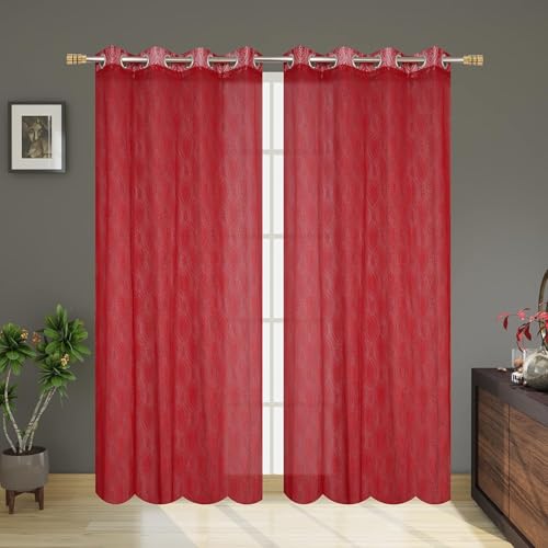 Image of Fabrilia Polyester Sheer Net Damask Design Semi Transparent Eyelet Long Door Curtains 9 feet Set of 2- Maroon