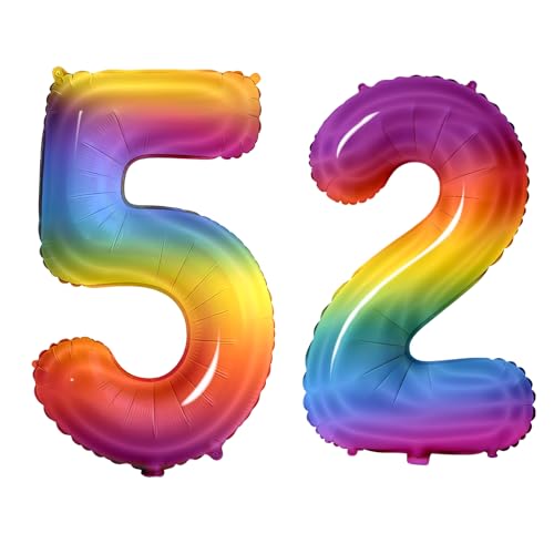 Number 52 Balloons for 52nd Birthday Party Decorations, 0-100 Large No.52 Balloons for Women Men and Mother Dad, 40 Inch Rainbow Foil Helium Balloon for 52 Year Old Anniversary Decorations