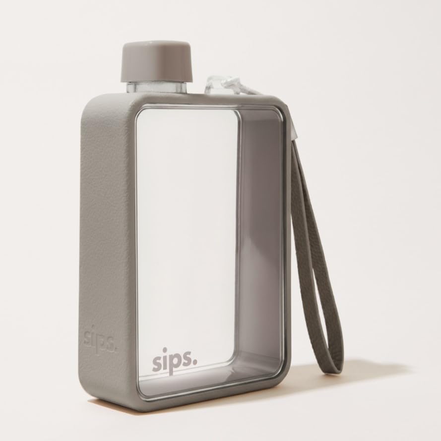 Sips. Flat Water Bottle 480ml, BPA Free Tritan Small Water Bottle for Purse, Gym, Travel, Leakproof, TPU Grip, PU Strap, 13 Colors — image 1