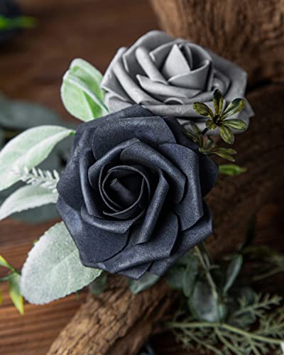 DuHouse 25Pcs Artificial Roses Flowers Fake Rose with Stems Real Touch Foam Flower Head for DIY Wedding Bridal Bouquet Baby Shower Centerpiece Floral Arrangement Party Home Decor(Navy Blue) - Image 2