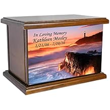 Cremation Urn, Wood Funeral Urn, Lighthouse Wooden Urn, Sunset Urn, Ocean Urn with Custom Personalization