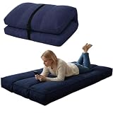 bananair - Futón Japonés Enrollable 1 Persona, Grueso y Cómodo, Fabricado en Francia, Funda Lavable, Cama Plegable de Suelo Práctica – Colchón Plegable, Correa Incluida (90 × 190 cm, Azul Oscuro)