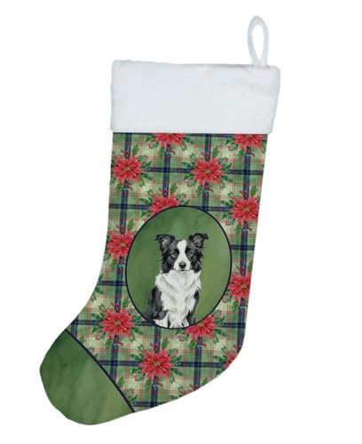 Caroline's Treasures Border Collie Christmas Poinsettas Holiday Stocking Double-Sided Print, Polyester Suede,11x18, Made in USA