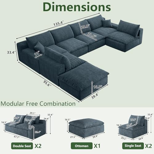 Image of 136 inch Cloud Couch Modular Sectional Sofa for Living Room, U-Shape Boneless Couch with Deep Seat, Modern Corduroy 6-Seater with Ottoman, No Assembly Required, Blue