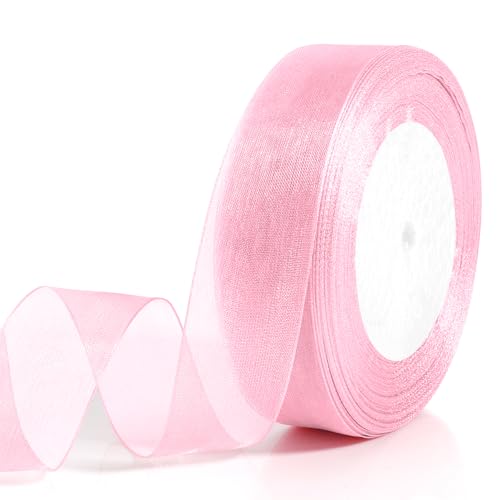 Pink Ribbon for Gift Wrapping - 1 Inch 50 Yards Chiffon Sheer Tulle for Crafts, Flower Bouquet, Present Wrap - Thin Gift Ribbon