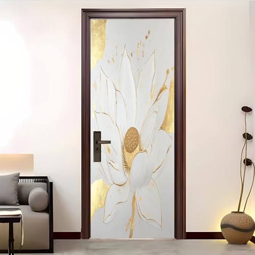 Loto Dorado de Lujo Autoadhesivo Vinilos Para Puertas, Blanco Autoadhesivo Adhesivo Fotográfico Para Puerta o Pared, Arte Mural Etiqueta Carteles Pegatinas De Pared Diy 77x200 cm
