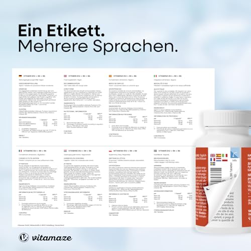 Vitamin B12 500 mcg hochdosiert, 360 Tabletten für 1 Jahr mit 375 mcg Vitamin B9 Folsäure + Vitamin B6, Natürliche Nahrungsergänzung ohne Zusatzstoffe, Made in Germany