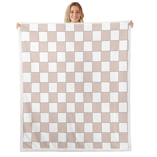 Image of Erosebridal Light Pink Checkered Sherpa Blanket Throw 50 inchX60 inch White Cream Checkerboard Fleece Bed Blanket,Buffalo Plaid Grid Throw Blanket For Kids Girls Teen Aesthetic Geometric Gingham Fuzzy Blanket