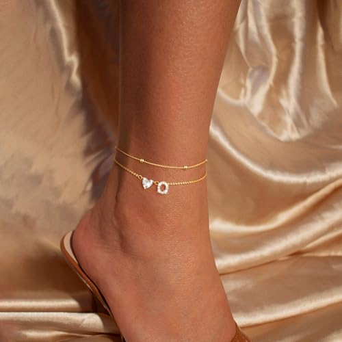 Image of Gold Initial Ankle Bracelets for Women, 14K Gold Plated Dainty Love Heart CZ Trendy Layered Letter A-Z Waterproof Anklets Fashion Jewelry Gift for Women