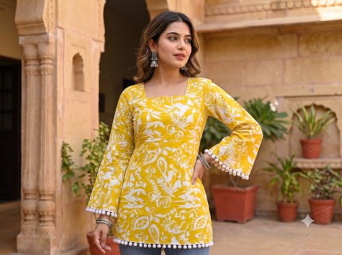 Image of Women's Premium Viscose Rayon Floral Printed Short Kurti | Stylish Bell Sleeves with Pom-Pom Lace | Tunic Top for Jeans & Office Wear