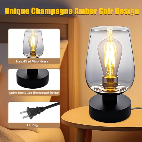 INVGOOD 3 Way Dimmable Touch Bedside Table Lamp, Black Glass Small Desk Lamp with Three Charging Ports for Bedroom Living Room Nightstand, 800LM LED Warm White Bulb Included — view 6