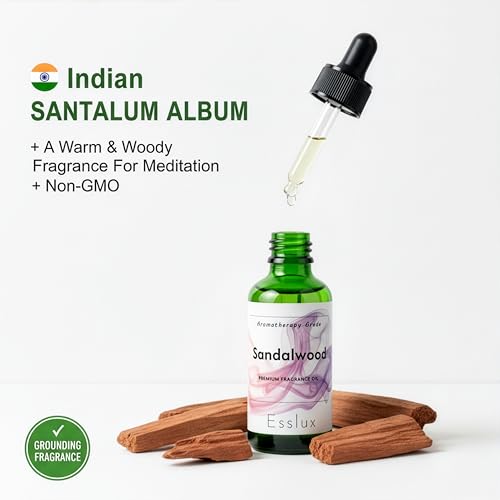 Image of Esslux Sandalwood Fragrance Oil for Diffuser & DIY | Warm, Woody Aroma for Candles, Soaps, Perfumes & Home Scents | Long-Lasting & Luxurious, 60 ML