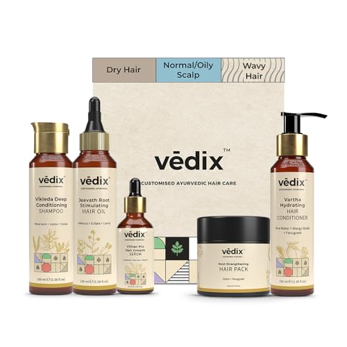 Vedix Ayurvedic Hair growth Kit | 5 product Kit | for Dry Hair, Normal – Oily Scalp, Wavy or Curly Hair | Vedix Hair Oil, Shampoo, Serum, Mask, Conditioner Set