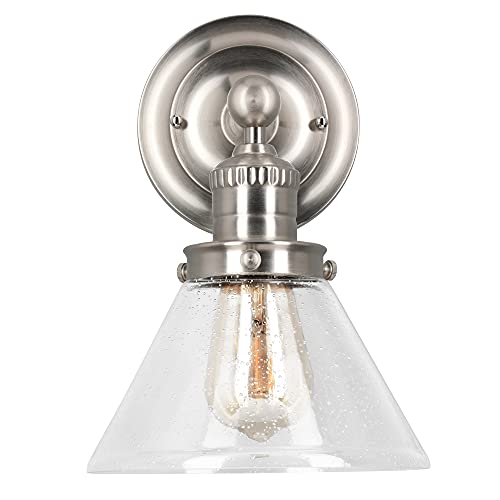 Image of Design House Augustin Wall Sconce, 1-Light, Seeded Glass Warm Glow, Dimmable, Up /Down Glow, Easy Installation, E26 Socket, Satin Nickel, 7.9 in L x 8.5 in D x 11.1 in H, 589028-SN