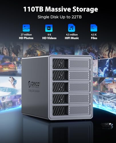 ORICO RAID 5 Bay HDD Enclosures USB 3.0 Push-Pull Mounting for 3.5-inch HDD, Max 110TB, External Direct Attached Storage 8 RAID Modes Supported 9858RU3 - Thumbnail 3