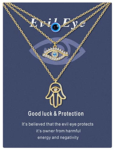 Dochais Evil Eye Gold Set Halskette für Frauen Männer,Halskette Teen 14K Gold plattiert Evil Eye Hamsa Hand Geschichtet Halskette Schutz Blue Eye Halskette Nazar Halskette (Gold 3pcs) Cover