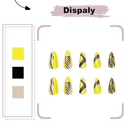 Diduikalor Stiletto Press On Nails Long Fake Nails Yellow Almond False Nails With Black Lines Design Matte Full Cover Stick On Nails For Women (24Pcs) #TOP5