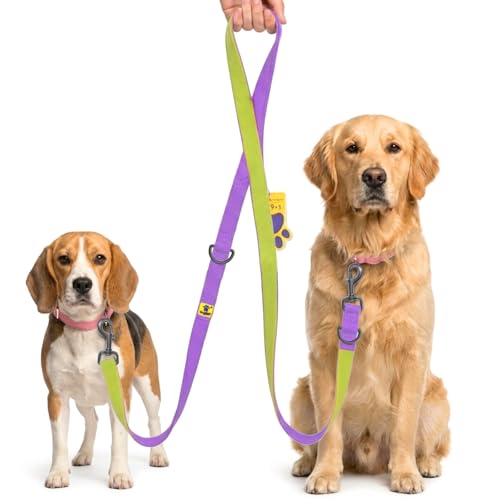 Image of A+a Pets' Multi-Function Cotton Leash to Walk 2 Dogs | Long, Short, Hands Free, Traffic, Running, Walking | Adjustable, Soft Comfortable (Purple & Green)