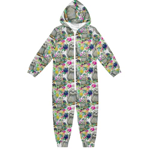 CHIFIGNO Pijama de una sola pieza con capucha, diseño de perezosos y flores, divertido para fiestas, cosplay, ropa de dormir, Lindas flores de perezosos, 9-11 años