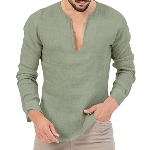Camisa de lino para hombre blanca de manga larga holgada y clásica