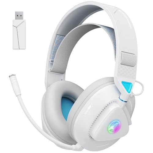 Awinnasey PH3 Auriculares Inalámbricos Gaming para PS5, PS4, Switch, PC, Mac, Auriculares Bluetooth con Micrófono Desmontable, Cascos con Luz RGB, Batería de 50 Horas, Blanco Azul