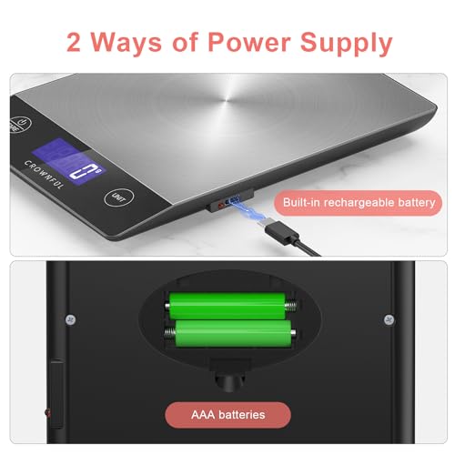 كراونفول ميزان طعام رقمي قابل لاعادة الشحن من الستانلس ستيل 304 بوزن 15 كجم مع شاشة LCD وشحن من النوع C للخبز والطبخ