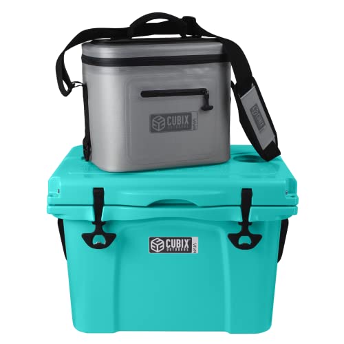 Cubix Outdoors Viva 25qt/8L Rotomolded Portable Hard Cooler Ice Chest + Soft Cooler Bag Insulated Lunch Box | Camping, Beach, Grocery Shopping, Turquoise + Light Grey, 25 Quart & 8 Liter