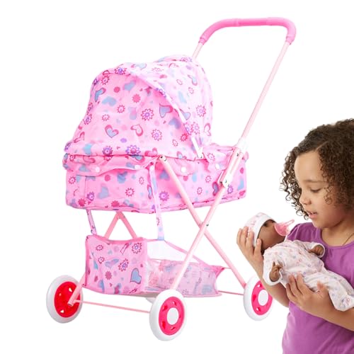 Cochecito para muñecas con capota plegable y cesta para paseos infantiles en el jardín