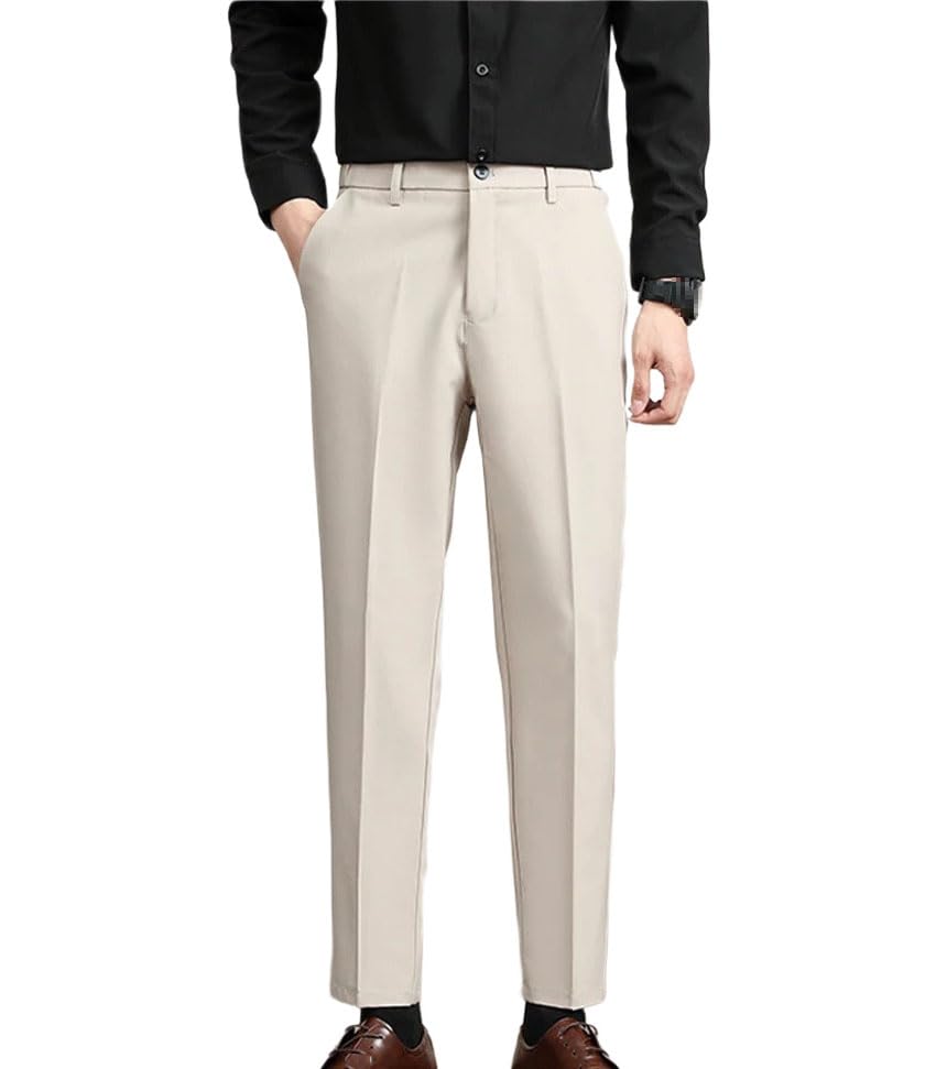 Men's Stretch Suit Pants - Business Elastic Waist Non-Iron Slim Casual Trousers Spring Summer