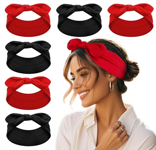 Tobeffect Red Bow Headbands for Women Elastic Bow Head Bands for Womens Hair Non Slip - Wide Headwraps with Bows Vintage Cute Hairbands Hair Accessories 6 Pack