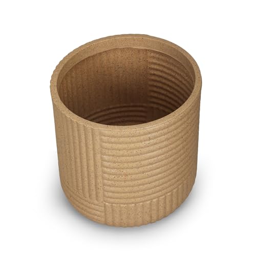 Image of Bonkaso 15 Inch Ribbed Planter Pot for Indoor & Outdoor Use | Round Heavy Duty Polymer Flower Pot | Lightweight Weather Resistant Modern Gamla for Living Room Balcony & Terrace (Beige)