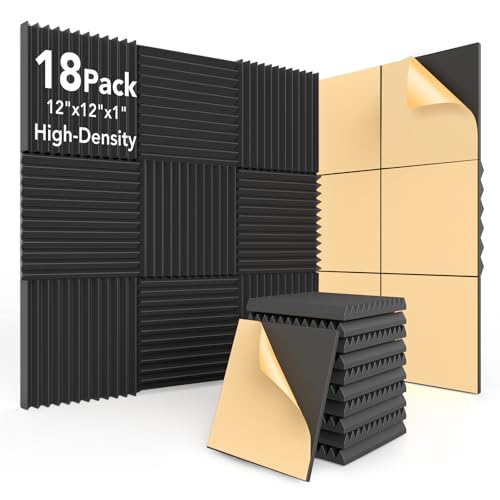 AUSLET 18 Pack Acoustic Foam Panels with Self-Adhesive 12x12x1 Inches Wedge Soundproofing Panels for Walls High Density Soundproof Foam for Studio Home Office Gaming Room