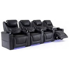 Home Theater Seating Seats Theater Recliner Chair Sofa Game Movie Theater Chairs with 7 Colors Ambient Lighting Lumbar Pillow Side Pocket Tray Table Power Recline Black