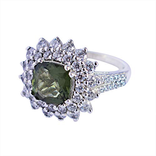 Bague argent moldavite et oxyde de zirconium verte épurée