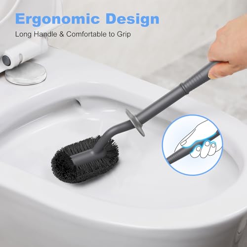 Image of HAMITOR Toilet Bowl Brush Holder Set: Curved Design with Holder for Deep Cleaning Under Rim - Compact Hidden Cleaner Scrubber for Small Space - Home RV Bathroom Accessories - Gray 2 Pack