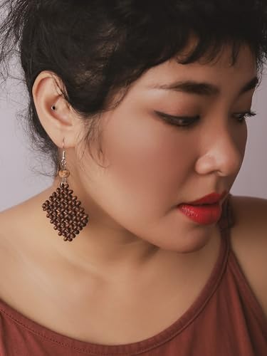 Image of MINACHI Boho Chic Handmade Rattan Wood Dangle Drop Earrings for Women, Bohemian Summer Beach Statement Jewelry Gift for Women