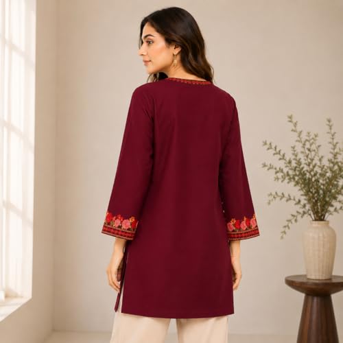 Image of HAUTEMODA Women Cotton Floral Embroidered Short Kurti, Tunic, Three-Fourth Sleeves, White