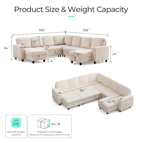 Image of LINSY HOME Sectional Sleeper Sofa with Pull Out Couch Bed - Convertible Plush Corduroy Cloud Couches with Storage Chaise & USB Charging, Comfy Modular Couch for Living Room, Beige