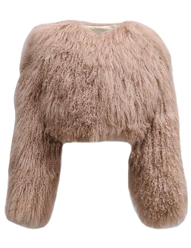 Annsirgra Women's Genuine Mongolian Fur Coat Fluffy Cropped Jacket Shaggy Outwear Long Sleeve Warm Winter