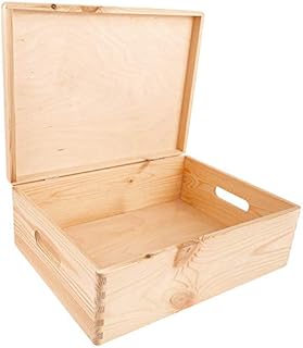 Creative Deco XL Large Plain Wooden Storage Box | 40 x 30 x 14 cm (+/-1 cm) | Hinged Lid & Handles | Unpainted Gift Box for Tool Dog Toy Document Storage | UNSANDED Wood Keepsake Memory Craft Chest