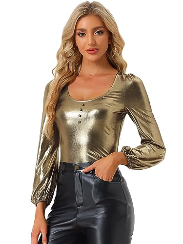 Image of Allegra K Metallic Blouse for Women's Sparkly Party Club Shiny Bishop Sleeve Disco Glitter Tops