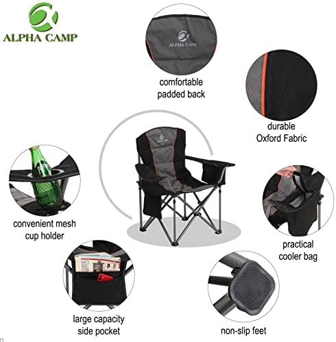 ALPHA CAMP Portable Folding Oversized Camping Chairs with Cup Holder and Cooler Bag - Heavy Duty Steel Frame Support 200 KG