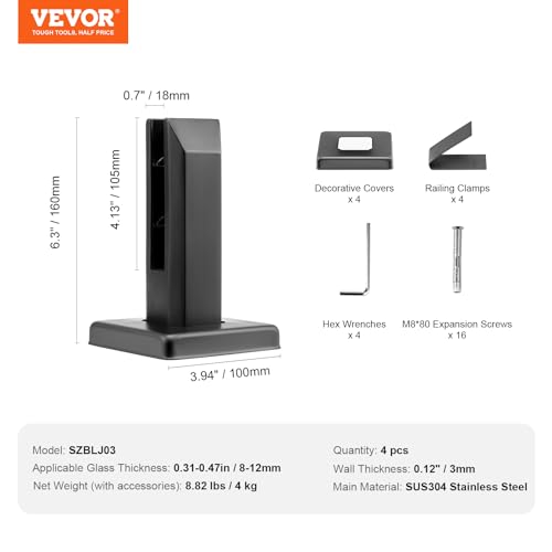 VEVOR Glass Clamp, 4 PCS Square Glass Railing Bracket for 0.31 "-0.47" Tempered Glass, 304 Stainless Steel Glass Mounting Clamp, 0.12” Thick Glass Shelf Bracket for Balcony, Garden, Deck, Stair by VEVOR - Image 7
