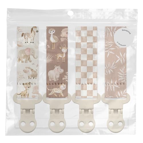 Image of Stadela Baby Fabric Pacifier Clip Holder, Plastic Clip, 4‑Pack, Safari Pattern, Savanna Set