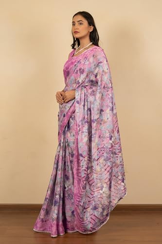 Image of MIRCHI FASHION Women Saree Floral Print Chiffon | Lightweight Festive Occasion Sari for Farewell and Functions with Unstitched Blouse Piece