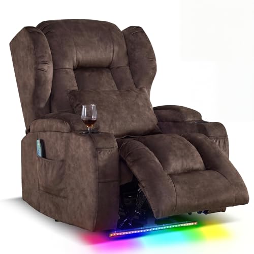 Image of Oprisen Wall Hugger Power Recliner Chair, Overstuffed Home Theater Seating w /Heat Massage Electric Movie Gaming Sofa Reclining Sleeper Chair with LED Light /Lumbar Pillow /Cup Holders
